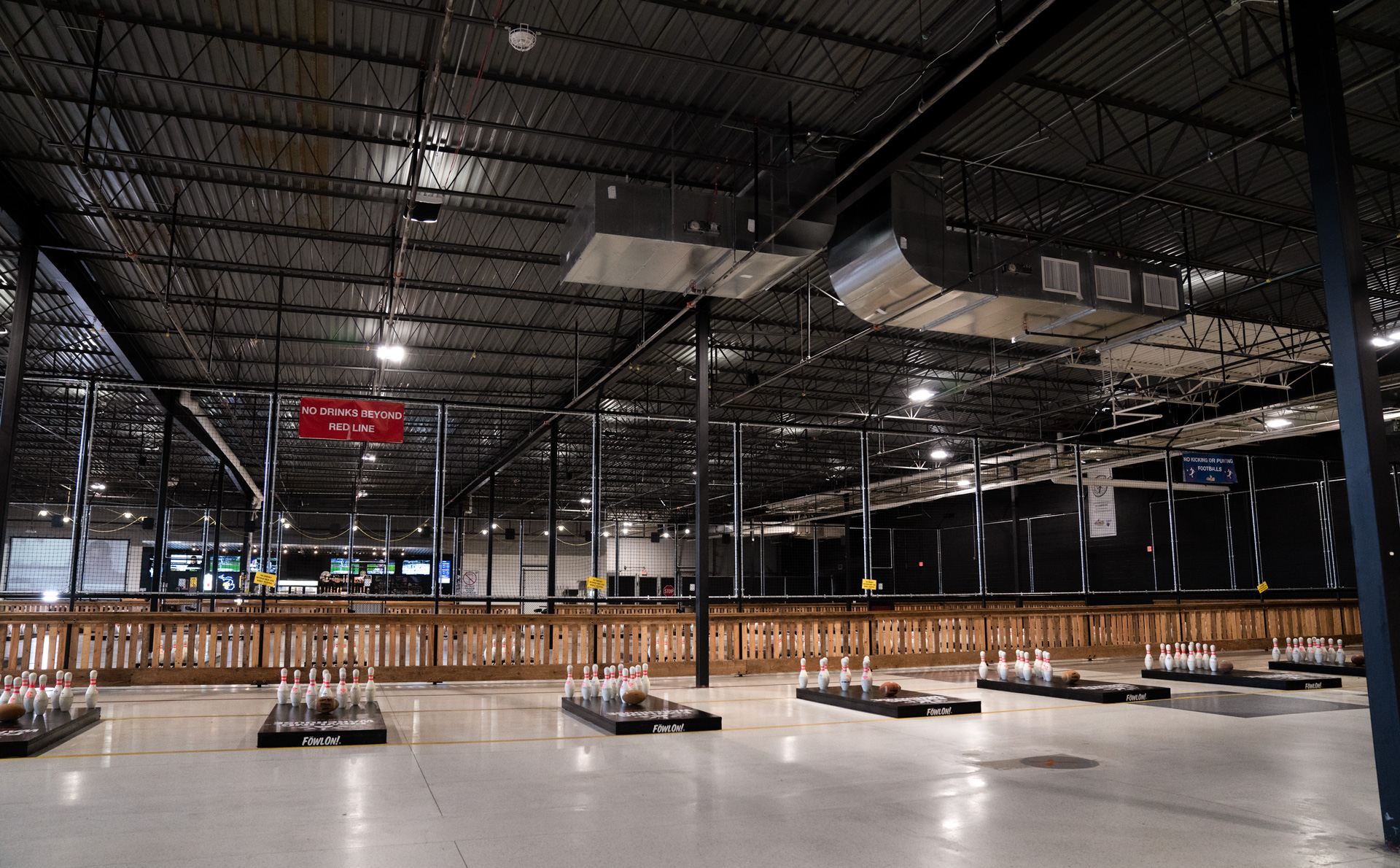 Wide shot of all the lanes set up at the Fowling Warehouse